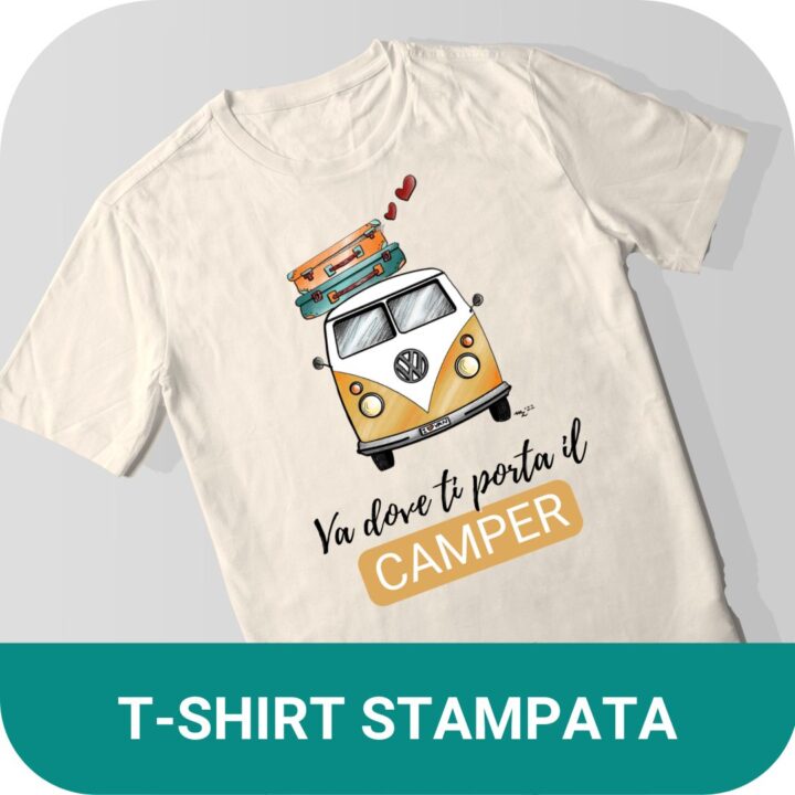 t-shirt cotone stampata cn disegno e frase camper viaggio westfalia volswagen