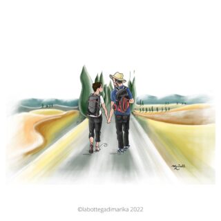 disegno francigena coppia che cammina pellegrinaggio a piedi trekking