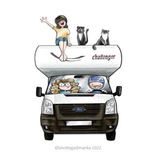 Disegno camper challenger ford transit personalizzato ritratto famiglia a fumetti