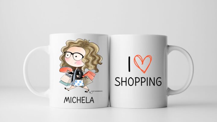 Tazza personalizzata con nome in ceramica i love shopping michela