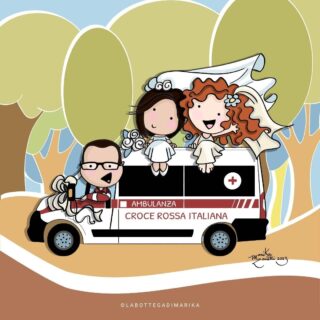 Disegno digitale ritratto a fumetti coppia spose con ambulanza croce rossa italiana